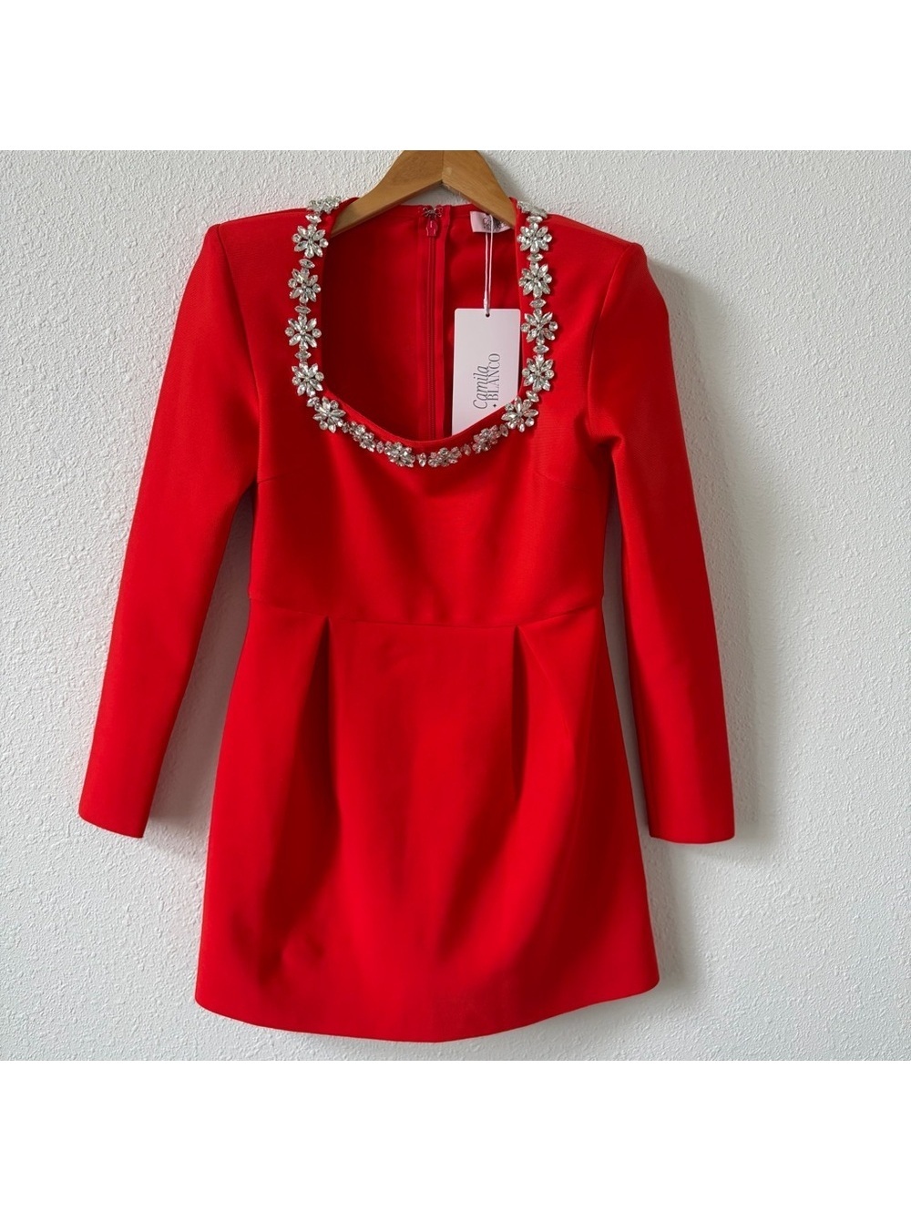 Camila Blanco Long Sleeve Mini Dress Red Size 6 Rhinestone Holiday Party